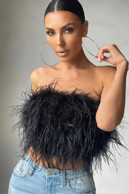 Delphine Top en Plumes | Le crop top en plumes élégant est une tendance phare cette année