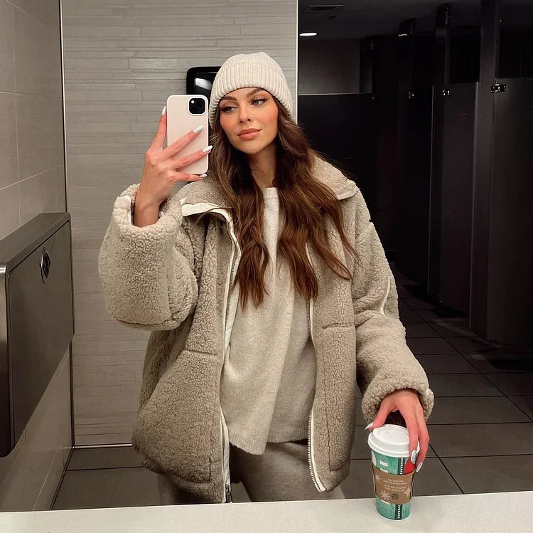 Béatrice - Must-have Veste mi-Saison en Teddy, Délicieusement Douce, Confortable, Élégante et Chaude, avec Fermeture Éclair et Col Montant