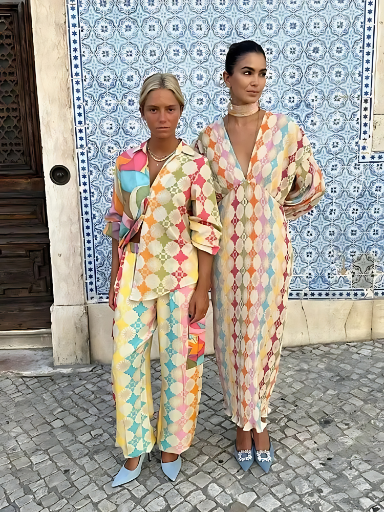 Olivia - Robe Maxi à Imprimé Diamant Coloré