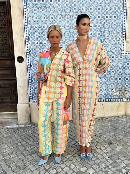 Olivia - Robe Maxi à Imprimé Diamant Coloré