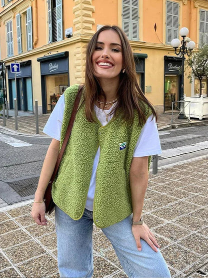 Élirée - Bodywarmer Printanier Sans Manches en Laine pour Femme, Tendance, avec Boutons, en Couleurs Unies