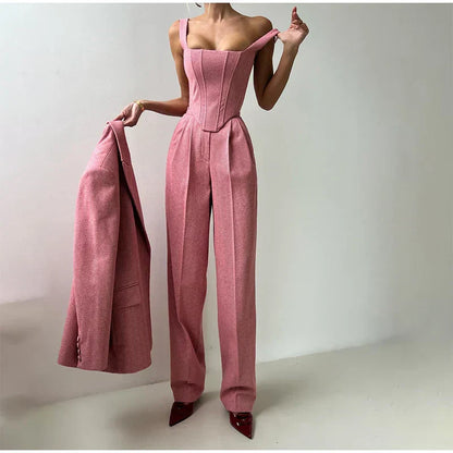 Maëlyse - Ensemble Trois Pièces Power Elegance Coupe Tailleur Blazer, Top Corset Zippé et Pantalon Taille Haute