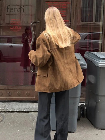 Sophie - Veste à poches à Revers Marron - Manteau d'automne Polyvalent et chaud à Manches Longues pour Femmes