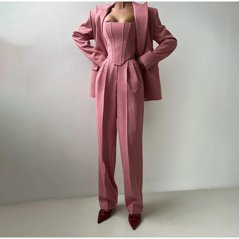 Maëlyse - Ensemble Trois Pièces Power Elegance Coupe Tailleur Blazer, Top Corset Zippé et Pantalon Taille Haute