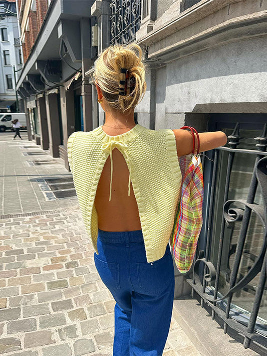 Maya – Gilet en maille jaune beurre à dos ouvert