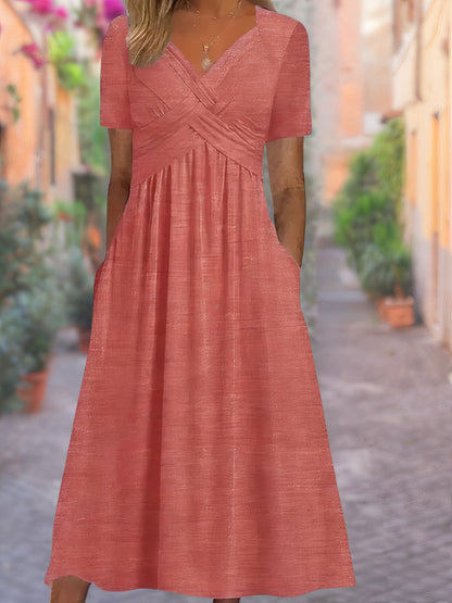 Maëlys – Robe Longue d’Été à Encolure en V  Faux Cache-Cœur Manches Courtes et Taille Haute