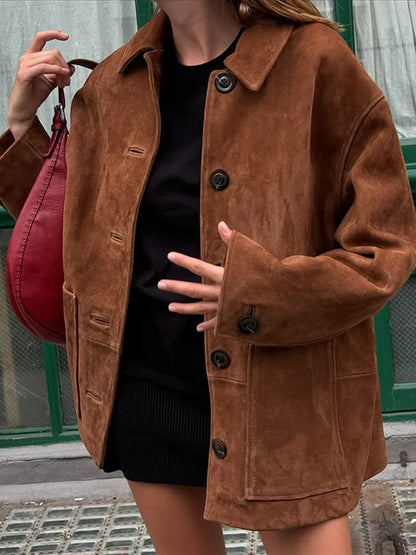 Sophie - Veste à poches à Revers Marron - Manteau d'automne Polyvalent et chaud à Manches Longues pour Femmes