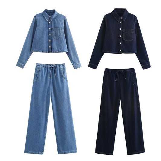 Olivia – Ensemble veste en denim et pantalon à jambes larges