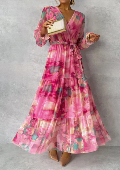 Cléa – Robe Maxi Rose Effet Aquarelle Faux Cache-Cœur avec Décolleté en V Ceinture à la Taille et Manches Longues