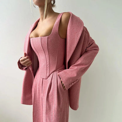 Maëlyse - Ensemble Trois Pièces Power Elegance Coupe Tailleur Blazer, Top Corset Zippé et Pantalon Taille Haute