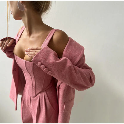 Maëlyse - Ensemble Trois Pièces Power Elegance Coupe Tailleur Blazer, Top Corset Zippé et Pantalon Taille Haute