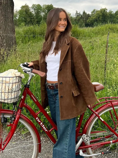 Sophie - Veste à poches à Revers Marron - Manteau d'automne Polyvalent et chaud à Manches Longues pour Femmes