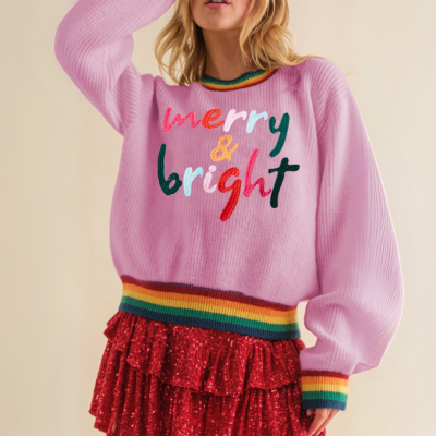 Pull côtelé à col rond 'MERRY & BRIGHT'