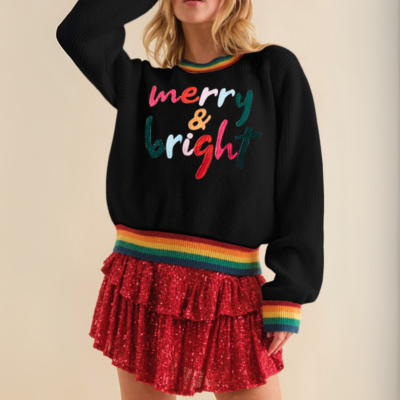 Pull côtelé à col rond 'MERRY & BRIGHT'