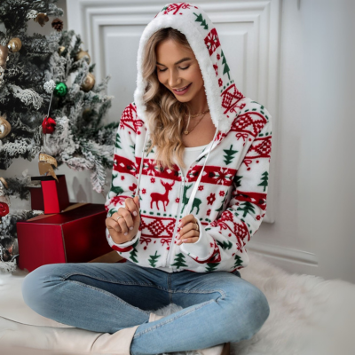 Veste à capuche zippée avec cordon et motifs de Noël