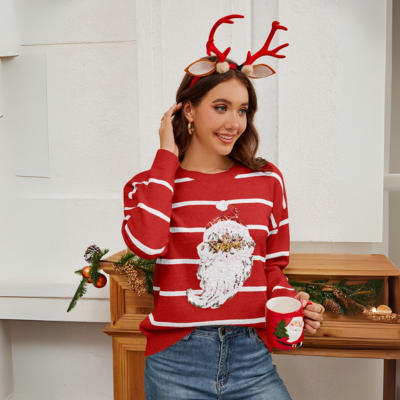 Pull rayé avec Père Noël, col rond et manches longues