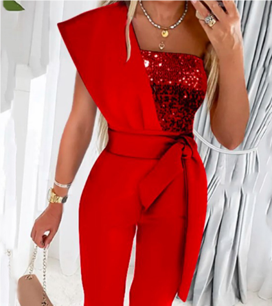 Shena – Combinaison luxueuse sans manches à sequins avec ceinture