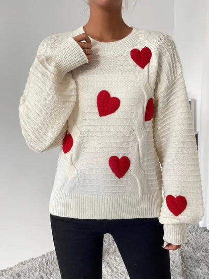 Clémence - Pull Tricoté avec Cœurs pour Femme | Pull Douillet | Pull Doux avec Cœurs Blanc