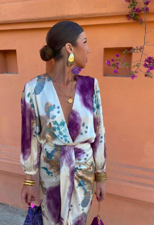 Yséa - Robe Élégante Femme en Satin pour le Printemps et l’Été à Imprimé Floral avec Manches Longues