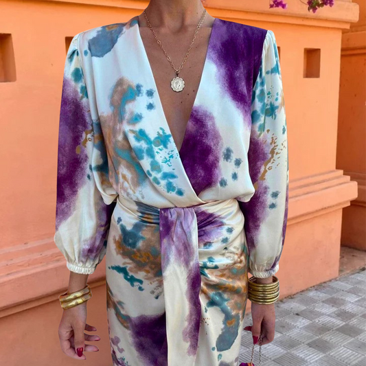 Yséa - Robe Élégante Femme en Satin pour le Printemps et l’Été à Imprimé Floral avec Manches Longues