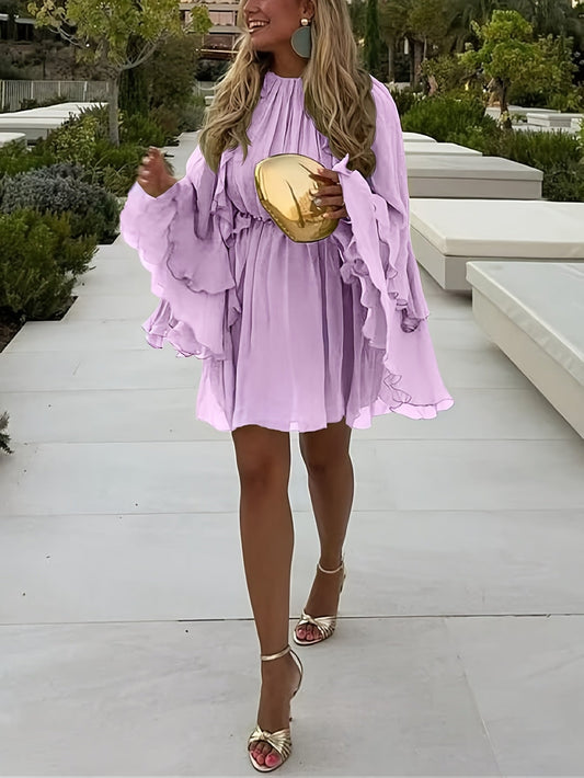Adèle - Robe Mini en Chiffon Vert Menthe avec Taille Élastique Col Haut et Manches Longues Amples