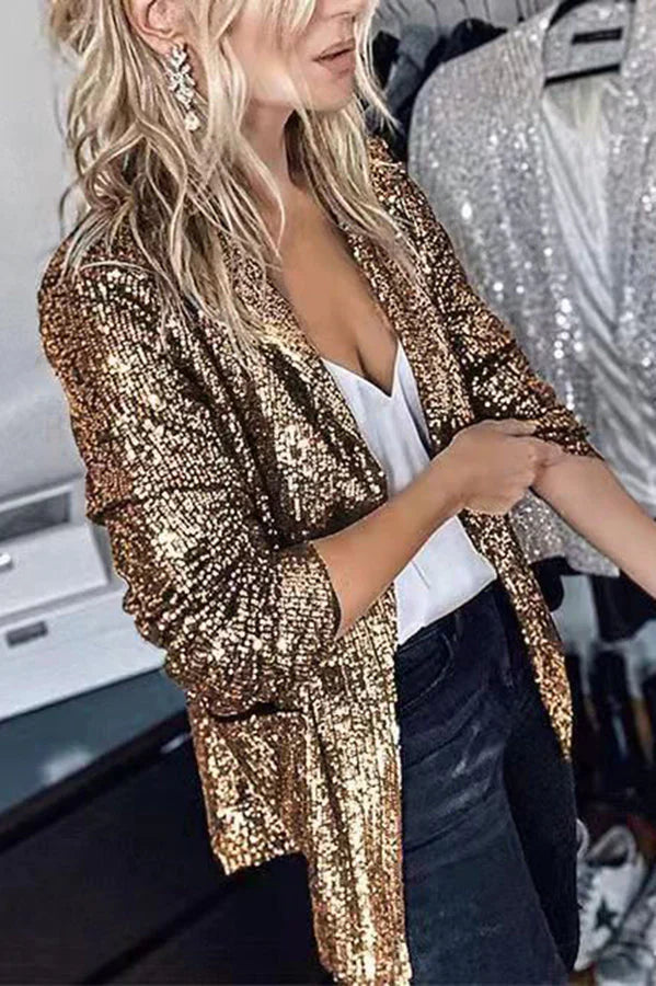 Mena – Blazer à sequins pour femme, manches longues avec revers
