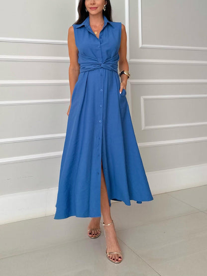 Indigo - Robe Midi Sans Manches Cintrée avec Col à Boutons en Couleur Unie