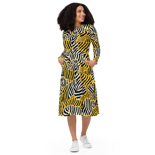 Everly - Robe Midi à Manches Longues Zebralicious avec Col Montant Imprimé Safari Noir Blanc et Jaune