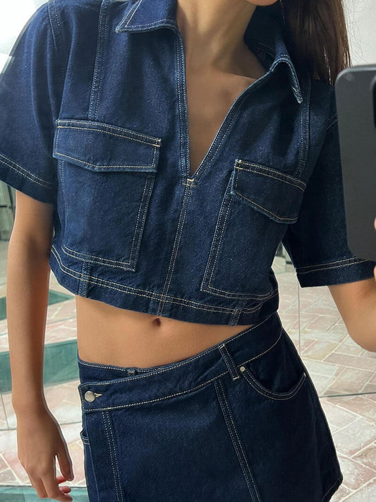 Adèle - Ensemble Estival en Denim  Top Court à Manches Courtes et Mini Jupe