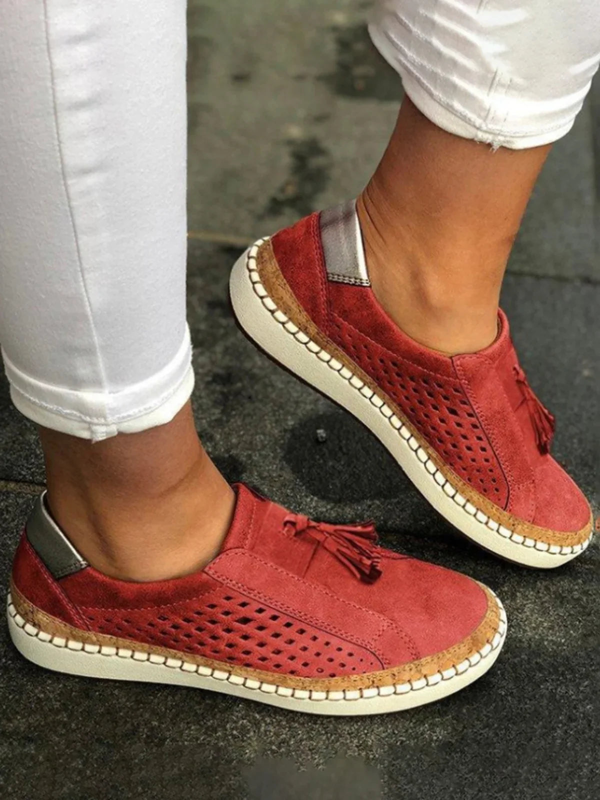 Mia - Baskets Orthopédiques avec Support Supplémentaire pour les Promenades d'Été en Cuir Végan Respirant et Suède avec Franges