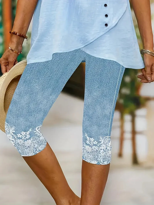 Louna - Legging Capris à Taille Élastique Arrivant Sous le Genou avec Détail de Fleurs en Bas