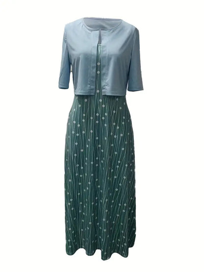 Camélia – Ensemble Deux Pièces Élégant  Gilet Uni et Robe à Fleurs avec Encolure Ronde