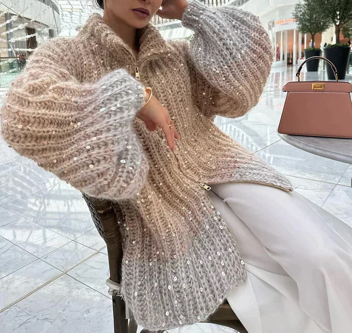 Maya - Cardigan à paillettes pour femme, pull en tricot élégant