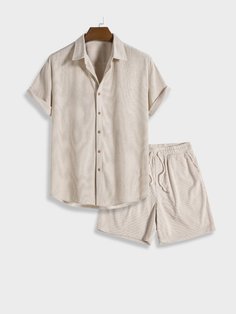 Henry - Ensemble d'Été en Lin pour les Vacances Chemise à Manches Courtes à Boutons et Short Élastique pour Homme