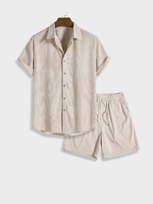 Henry - Ensemble d'Été en Lin pour les Vacances Chemise à Manches Courtes à Boutons et Short Élastique pour Homme