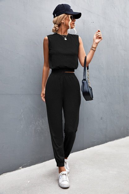 Louna - Ensemble Classique Deux Pièces composé d'un Top à Col Haut Sans Manches et d'un Pantalon Confortable à Taille Élastique Haute