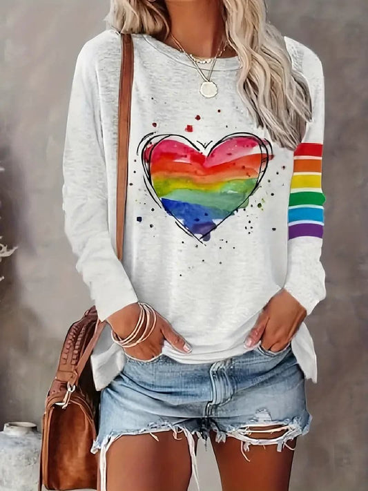 Valentine – T-shirt à Manches Longues avec Cœur Arc-en-Ciel Dessiné