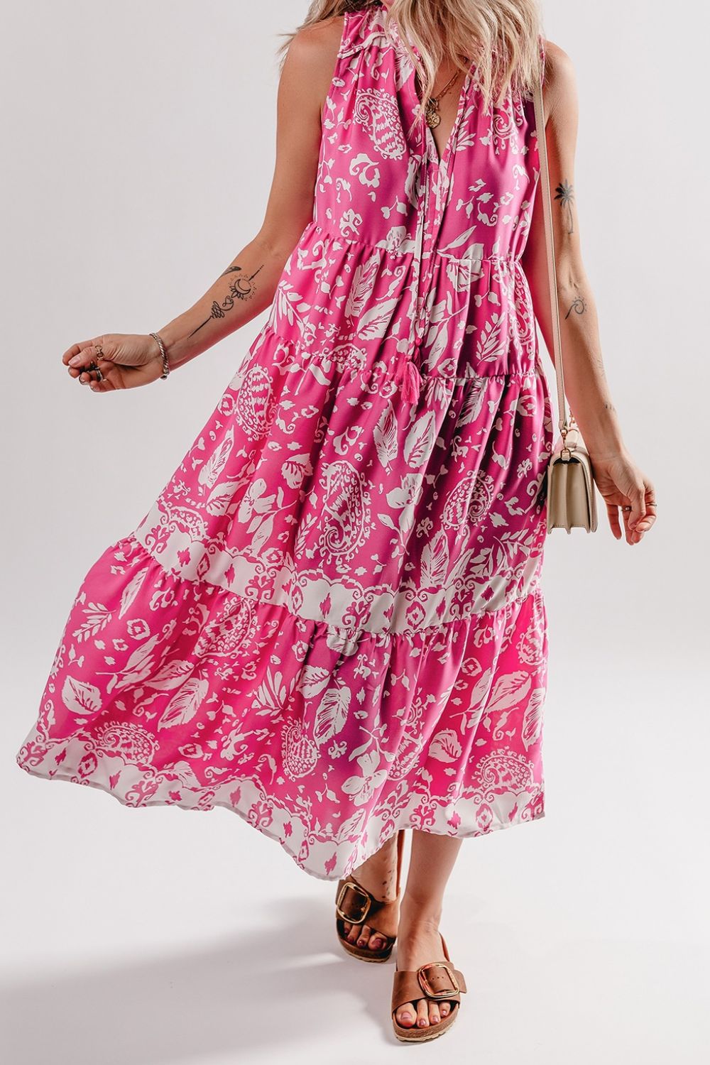Esme - Robe Midi Sans Manches Rose à Imprimé Organique Tunique Large avec Boutons et Décolleté en V