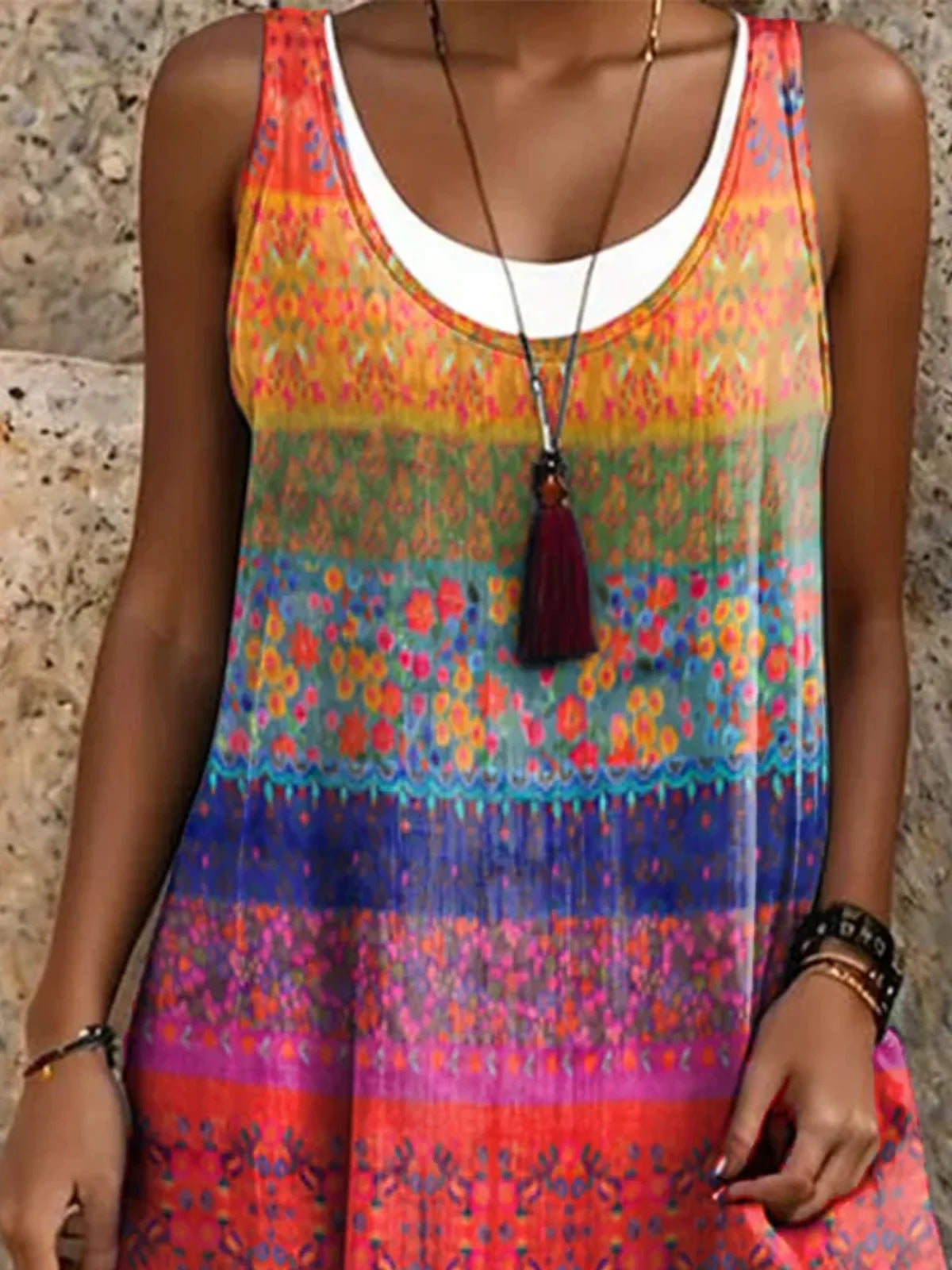Sienna - Robe Midi sans Manches Ample et Confortable pour l'Été avec Imprimé en Couleurs Arc-en-Ciel