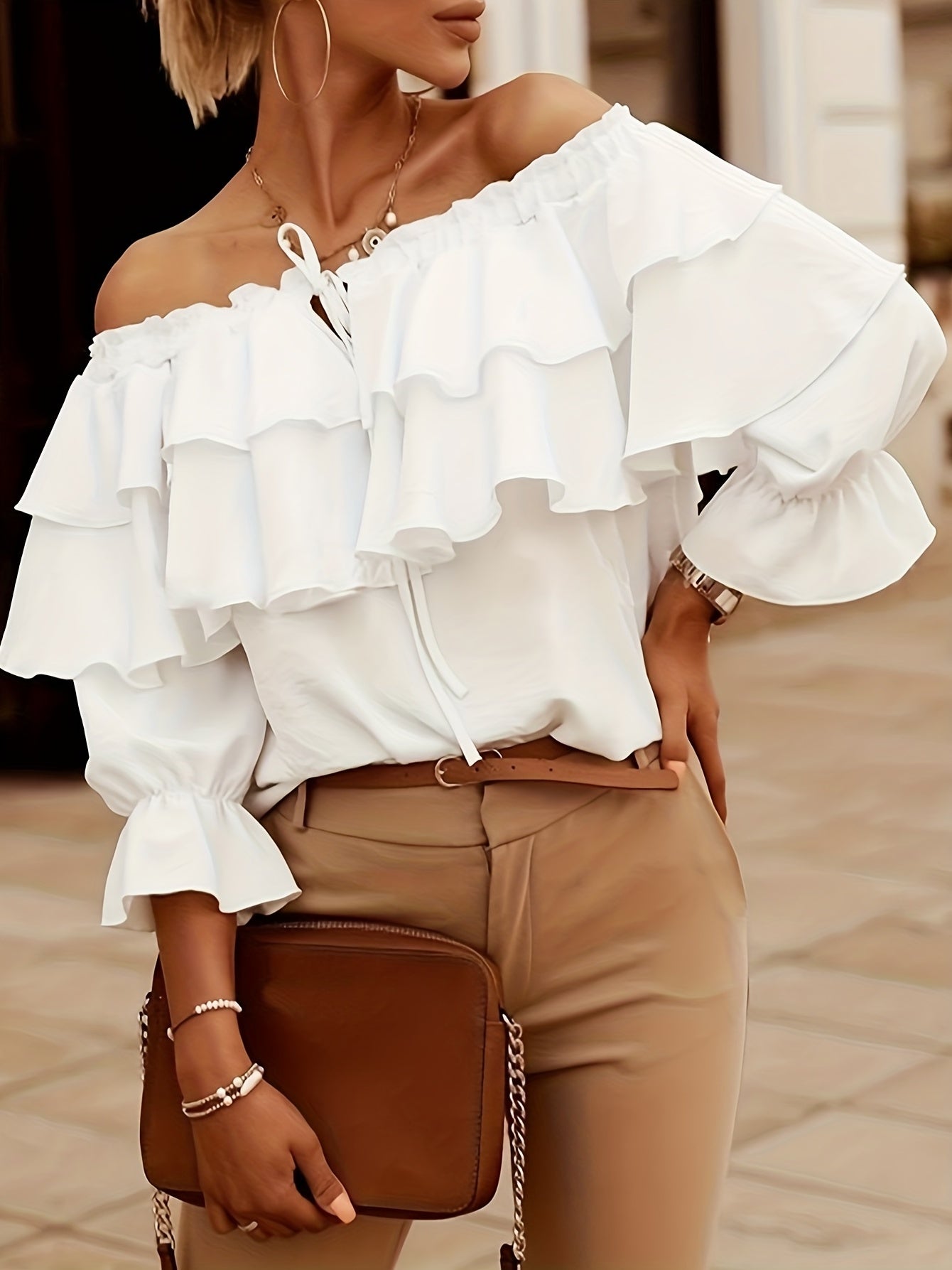 Solène - Top en Chiffon à Épaules Nues avec Manches Mi-Longues