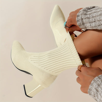 Noémi - Bottines Tricotées Élastiques avec Embout Pointu et Talon Carré