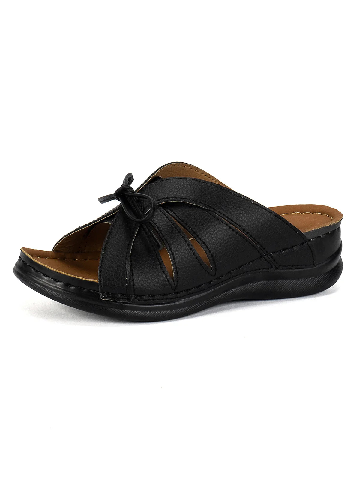 Lyric - Sandales orthopédiques à semelles amortissantes avec design élégant en cuir vegan et nœud sur le devant disponibles en couleurs unies estivales