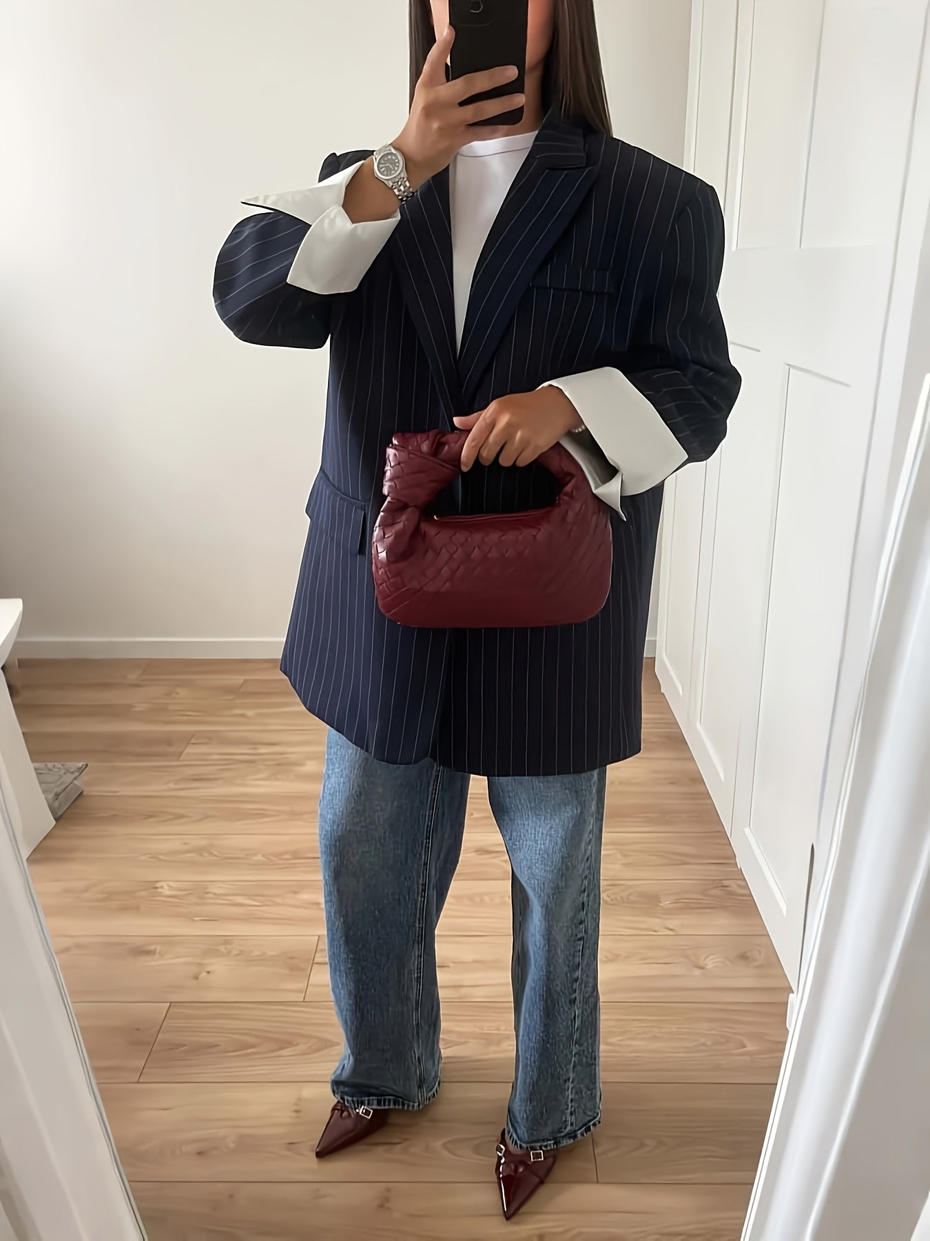 Alixane - Blazer Oversize Rayé Bleu Foncé pour Femme avec Boutons – Veste de Printemps