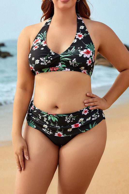 Lily - Bikini deux pièces grande taille avec culotte taille haute et top à décolleté en V orné de fleurs