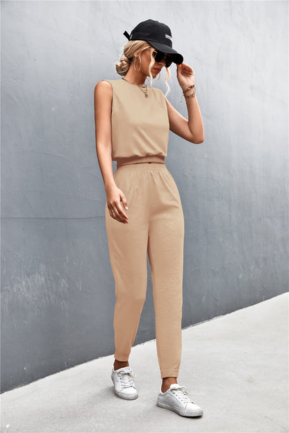 Louna - Ensemble Classique Deux Pièces composé d'un Top à Col Haut Sans Manches et d'un Pantalon Confortable à Taille Élastique Haute