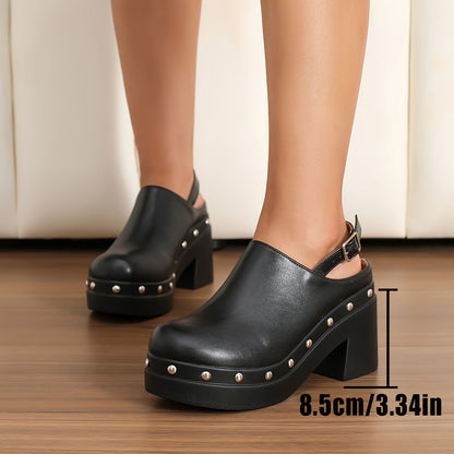 Tessa - Sabots à talon bloc en cuir végétalien noir avec bord clouté et boucle à l'arrière