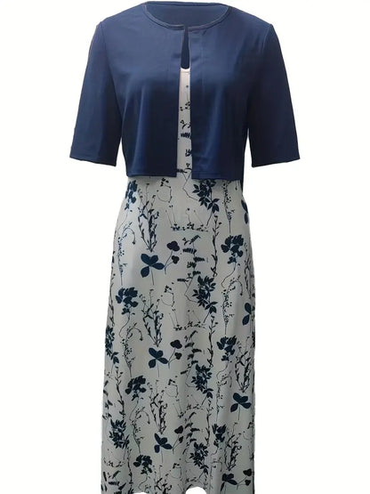 Camélia – Ensemble Deux Pièces Élégant  Gilet Uni et Robe à Fleurs avec Encolure Ronde