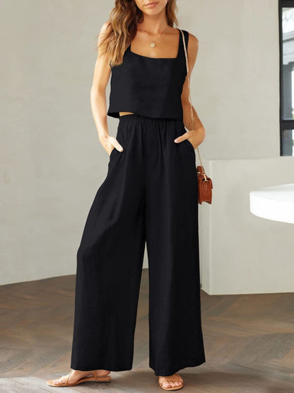 Nova - Ensemble deux pièces en lin composé d'un top à décolleté carré et d'un pantalon large à taille haute élastique