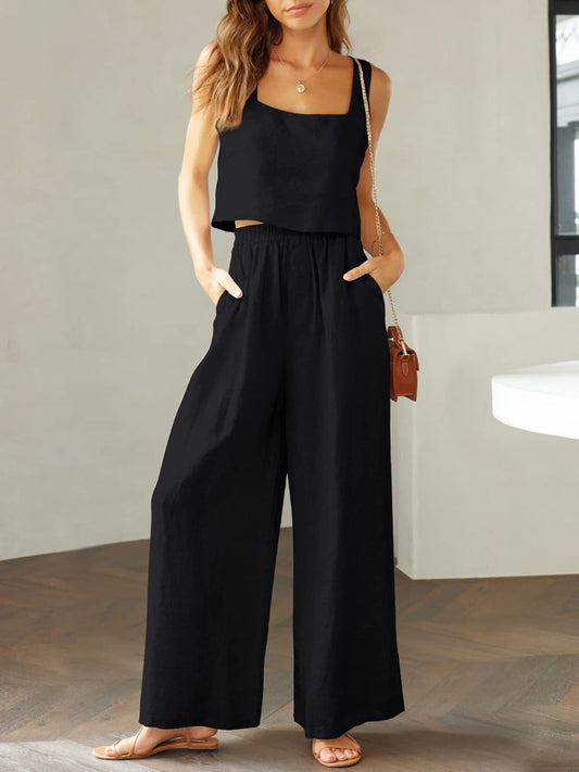 Nova - Ensemble deux pièces en lin composé d'un top à décolleté carré et d'un pantalon large à taille haute élastique