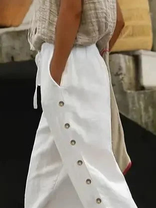 Maria - Pantalon d'Été Confortable en Lin Longueur Cheville avec Boutons sur les Côtés et Cordon de Serrage Ajustable